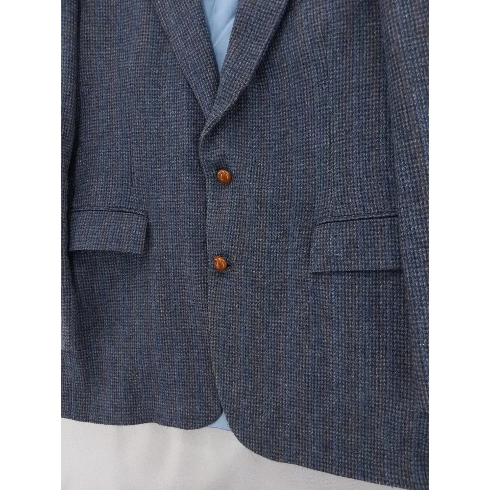 Vintage Wool Tweed Sport Coat Mens 44L Blue Brown Micro Check Two Button Blazer